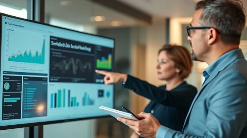 photorealistic, professional photography, 8K, cinematic lighting, sharp focus, depth of field, shot on a high-end DSLR, two business professionals, one presenting a simplified data dashboard on a screen, the other actively engaged, pointing and discussing, with a notepad and pen. The atmosphere is collaborative and focused on refinement, suggesting an iterative feedback process.
