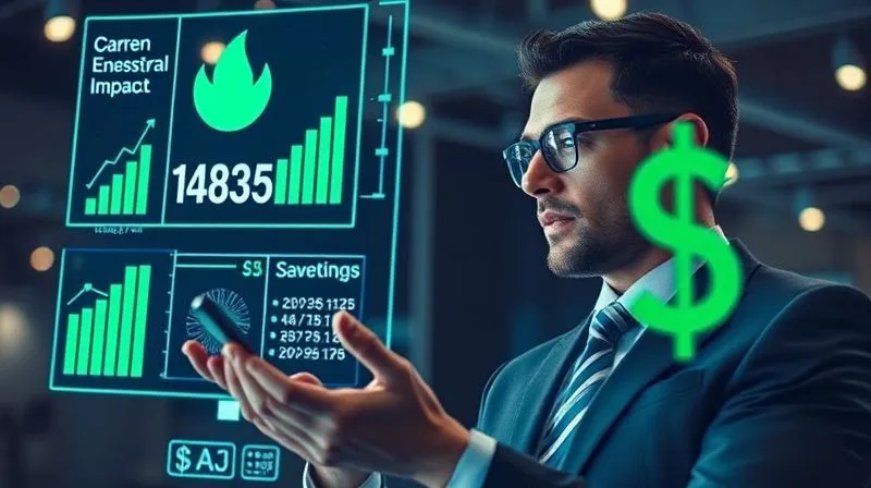 A photorealistic image of a business executive looking at a holographic display showing environmental impact metrics and financial savings, with green energy symbols intertwining with dollar signs. Professional photography, 8K, cinematic lighting, sharp focus, depth of field, shot on a high-end DSLR.