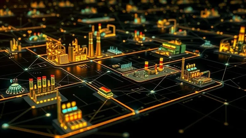 A photorealistic image of a complex supply chain network visualized as glowing lines connecting various sustainable factories and renewable energy sources, set against a dark, futuristic background. Professional photography, 8K, cinematic lighting, sharp focus, depth of field, shot on a high-end DSLR.