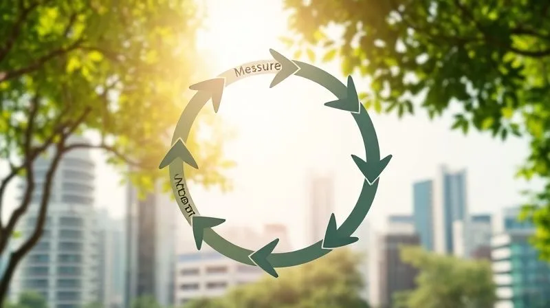 A photorealistic image of a circular diagram representing continuous improvement, with arrows flowing between 'Measure', 'Analyze', 'Implement', and 'Report' stages, set against a backdrop of a green, sustainable city. Professional photography, 8K, cinematic lighting, sharp focus, depth of field, shot on a high-end DSLR.