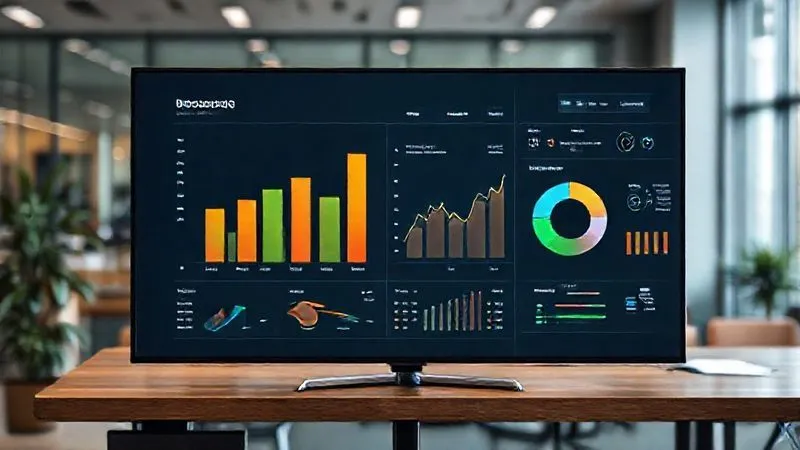 A photorealistic, sleek business dashboard displayed on a large monitor in a modern office. The dashboard shows various charts and graphs, including a prominent bar chart highlighting positive ROI, a line graph showing upward sales trends, and a pie chart for attribution. The data is clean, professionally presented, and easy to interpret. Cinematic lighting, sharp focus on the dashboard, depth of field blurring the office background, 8K hyper-detailed, shot on a high-end DSLR.