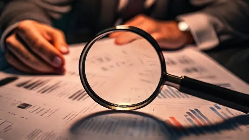 A photorealistic image of a magnifying glass hovering over complex legal documents and financial spreadsheets, with a blurred background of a focused consultant's hands, illuminated by cinematic lighting. Sharp focus on the intricate details, 8K hyper-detailed, shot on a high-end DSLR.