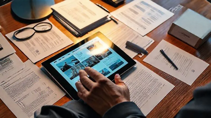 A photorealistic close-up of a hand meticulously organizing a collection of digital and physical evidence: screenshots on a tablet, printed documents, and product packaging, all neatly arranged on a polished wooden desk. The scene is lit with focused, professional studio lighting, highlighting the details of the evidence. Sharp focus on the documents and tablet, with a shallow depth of field. 8K hyper-detailed, professional photography, shot on a high-end DSLR.