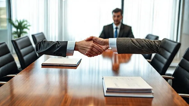 A photorealistic image of two business professionals shaking hands across a polished conference table, with a neutral mediator observing intently in the background. The atmosphere is professional and collaborative, with legal documents neatly stacked. Soft, natural light streams through a large window, creating a hopeful mood. Sharp focus on the handshake, with a gentle depth of field. 8K hyper-detailed, professional photography, shot on a high-end DSLR.