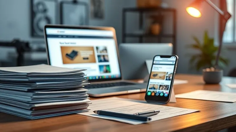 photorealistic, professional photography, 8K, cinematic lighting, sharp focus, depth of field, shot on a high-end DSLR, a well-organized desk with stacks of documents, a laptop displaying a website, and a smartphone showing social media, all representing evidence of business activity and prior use of a brand name, with a subtle glow of determination.