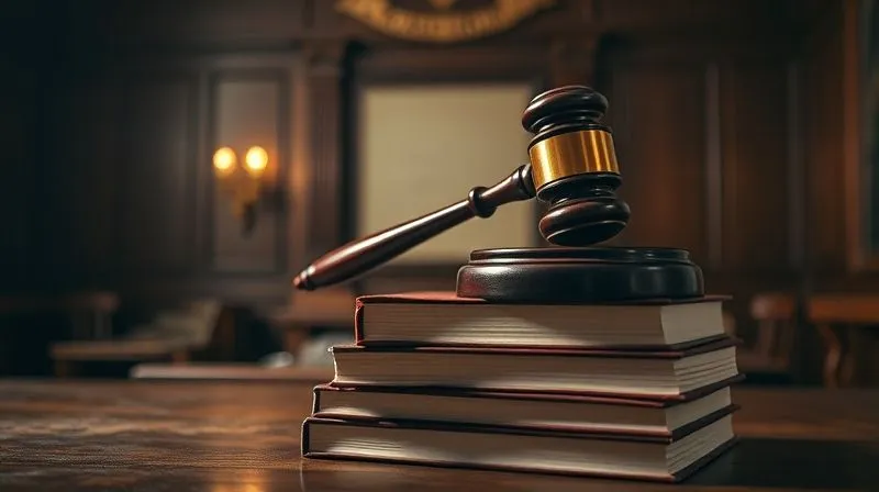 photorealistic, professional photography, 8K, cinematic lighting, sharp focus, depth of field, shot on a high-end DSLR, a legal gavel resting on a stack of law books in a dimly lit, traditional courtroom setting, symbolizing the gravity and finality of litigation, with a sense of justice being sought.