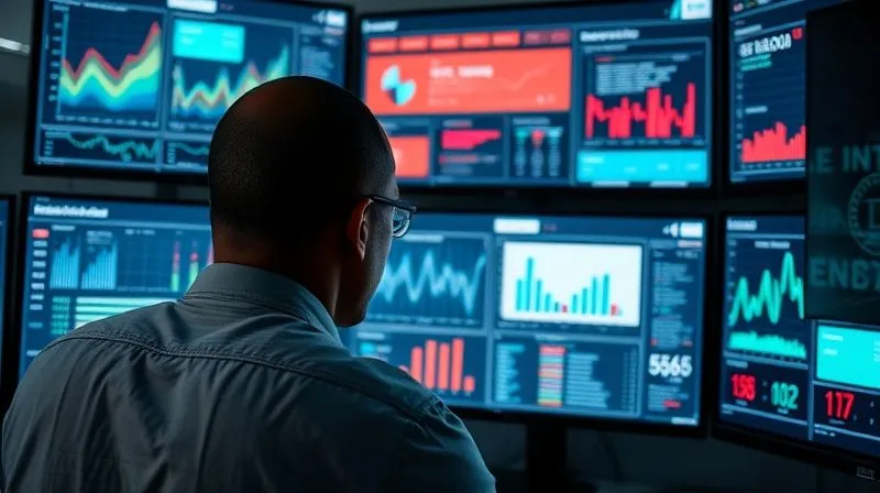 photorealistic, professional photography, 8K, cinematic lighting, sharp focus, depth of field, shot on a high-end DSLR, a person intently looking at multiple computer screens displaying brand monitoring dashboards with various charts, graphs, and alert notifications, symbolizing vigilant brand protection and real-time infringement detection.