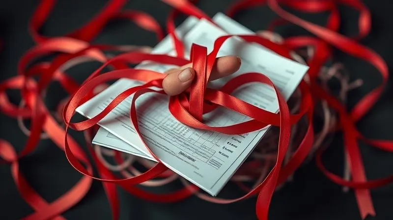 photorealistic, professional photography, 8K, cinematic lighting, sharp focus, depth of field, shot on a high-end DSLR, a tangled knot of red tape and legal documents, with a hand trying to untangle it, metaphorically representing the common pitfalls and complexities in legal business disputes.