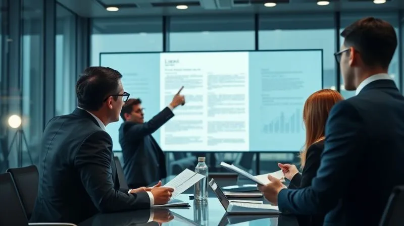 Photorealistic image of a legal team in a modern office, one lawyer pointing to a complex legal document on a large screen, others intently listening and taking notes, conveying strategic planning and collaboration, cinematic lighting, sharp focus on the team, depth of field blurring the background, 8K hyper-detailed, shot on a high-end DSLR.