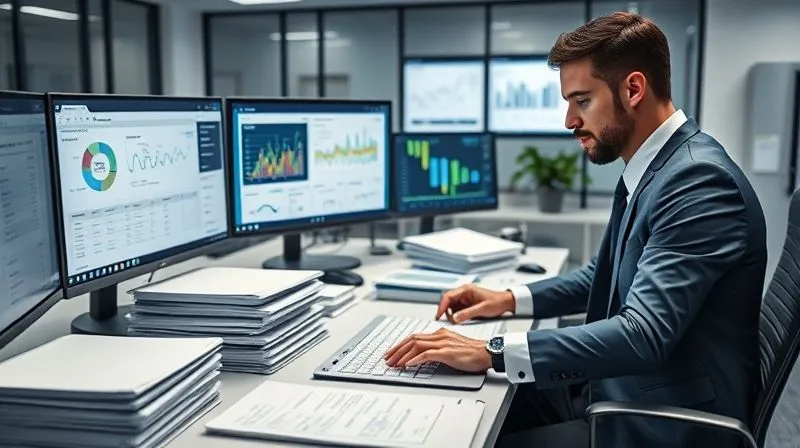 Photorealistic image of a legal professional meticulously organizing physical and digital files on a clean desk, with multiple screens displaying data analytics and document management software, conveying organization, precision, and diligence, cinematic lighting, sharp focus, depth of field, 8K hyper-detailed, shot on a high-end DSLR.