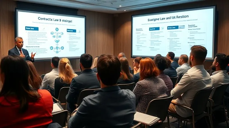 Photorealistic image of a legal workshop in progress, a diverse group of professionals attentively listening to a legal expert presenting on contract law and risk management, projected slides with clear charts and key terms, conveying education, proactivity, and professional development, cinematic lighting, sharp focus on the speaker and audience, depth of field, 8K hyper-detailed, shot on a high-end DSLR.