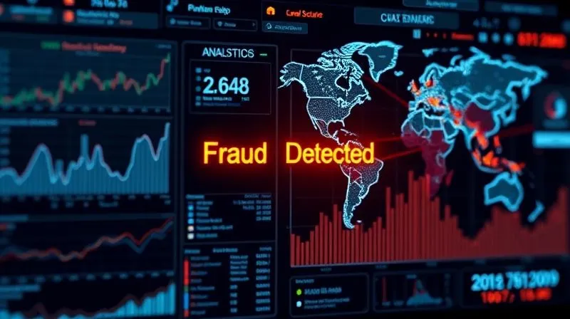 photorealistic, professional photography, 8K, cinematic lighting, sharp focus, depth of field, shot on a high-end DSLR, a sophisticated cybersecurity dashboard displaying real-time analytics, graphs, and maps, with a prominent 'Fraud Detected' alert, glowing lines of data connecting global points, a sense of high-tech vigilance and security.