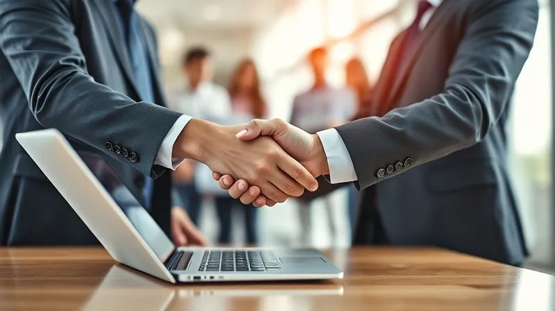 photorealistic, professional photography, 8K, cinematic lighting, sharp focus, depth of field, shot on a high-end DSLR, two business professionals shaking hands over a laptop displaying a secure data interface, a diverse team collaborating in the background, symbolizing transparent and trustworthy business partnerships and communication, a sense of mutual respect and shared goals.