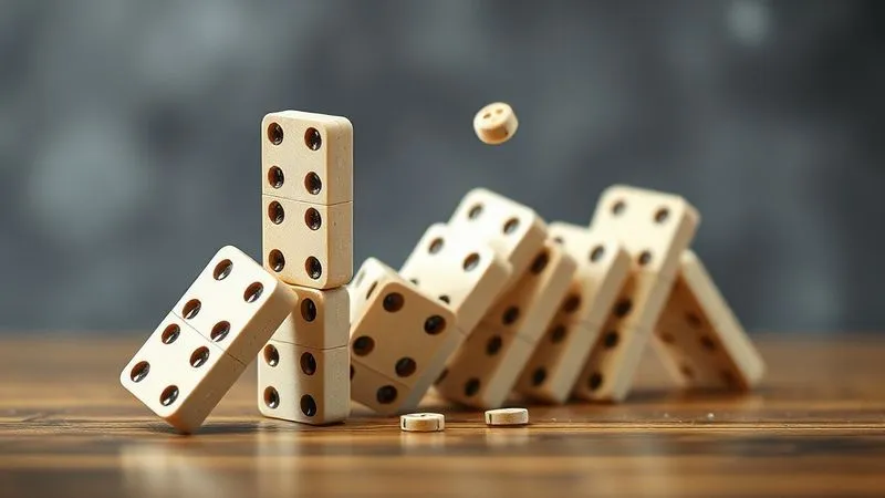 A photorealistic image of a domino effect, where a single falling domino (representing poor service) triggers a cascade of larger dominos falling (representing customer churn, reputation damage, and lost revenue). Professional photography, 8K, cinematic lighting, sharp focus on the falling dominos, depth of field blurring the background, shot on a high-end DSLR.