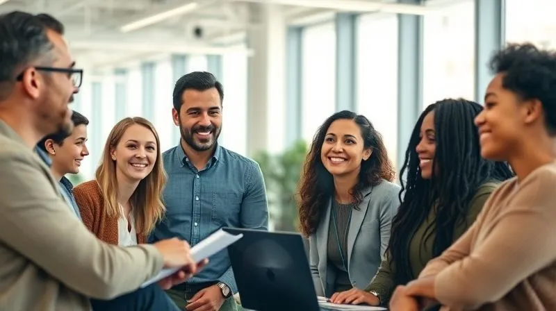 A photorealistic image of a diverse group of new employees engaged in an inclusive onboarding session, smiling and interacting positively, with a mentor figure guiding them. The setting is a modern, bright office, professional photography, 8K, cinematic lighting, sharp focus, depth of field. A photorealistic image of a diverse group of new employees engaged in an inclusive onboarding session, smiling and interacting positively, with a mentor figure guiding them. The setting is a modern, bright office, professional photography, 8K, cinematic lighting, sharp focus, depth of field.