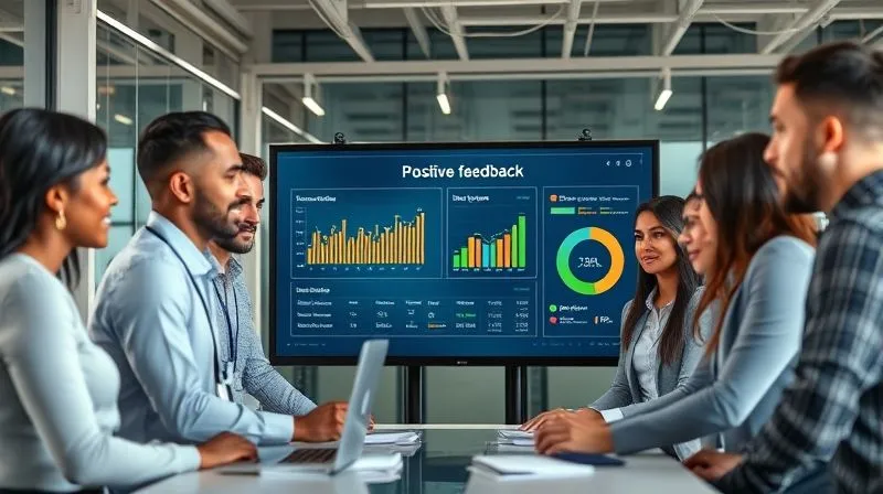 A photorealistic image of a diverse group of employees in a modern office collaborating around a digital dashboard displaying positive feedback and engagement metrics, symbolizing successful feedback channels and improved morale. Professional photography, 8K, cinematic lighting, sharp focus, depth of field. A photorealistic image of a diverse group of employees in a modern office collaborating around a digital dashboard displaying positive feedback and engagement metrics, symbolizing successful feedback channels and improved morale. Professional photography, 8K, cinematic lighting, sharp focus, depth of field.