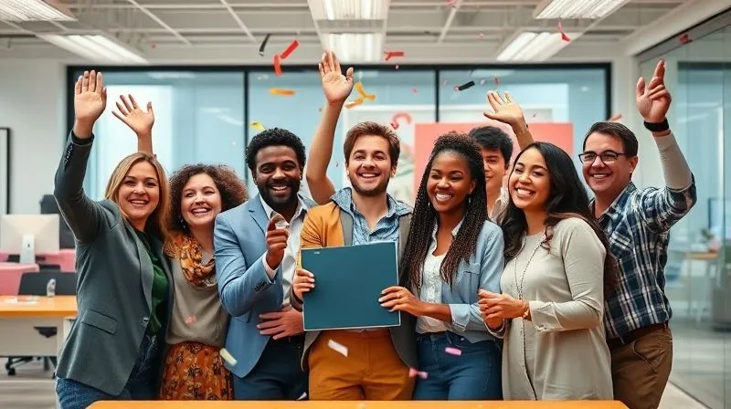 A photorealistic image of a diverse team celebrating a success, perhaps a project launch or an award, with confetti and smiles, in a vibrant and inclusive office environment. Professional photography, 8K, cinematic lighting, sharp focus, depth of field. A photorealistic image of a diverse team celebrating a success, perhaps a project launch or an award, with confetti and smiles, in a vibrant and inclusive office environment. Professional photography, 8K, cinematic lighting, sharp focus, depth of field.