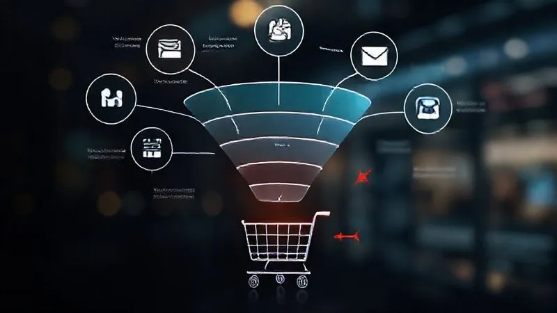 A photorealistic infographic showing a complex customer journey funnel with multiple touchpoints (social media icon, search bar icon, email icon, website icon) leading to a shopping cart and a 'thank you' page, with some red arrows indicating potential drop-off points, cinematic lighting, sharp focus on the funnel, depth of field, 8K, professional photography. A photorealistic infographic showing a complex customer journey funnel with multiple touchpoints (social media icon, search bar icon, email icon, website icon) leading to a shopping cart and a 'thank you' page, with some red arrows indicating potential drop-off points, cinematic lighting, sharp focus on the funnel, depth of field, 8K, professional photography.