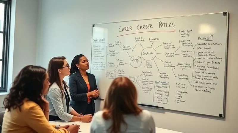 A professional photograph of a diverse group of employees engaged in a collaborative workshop, brainstorming career paths on a whiteboard, with clear lines connecting skills to future roles. Cinematic lighting, sharp focus on the whiteboard, depth of field, 8K, shot on a high-end DSLR.