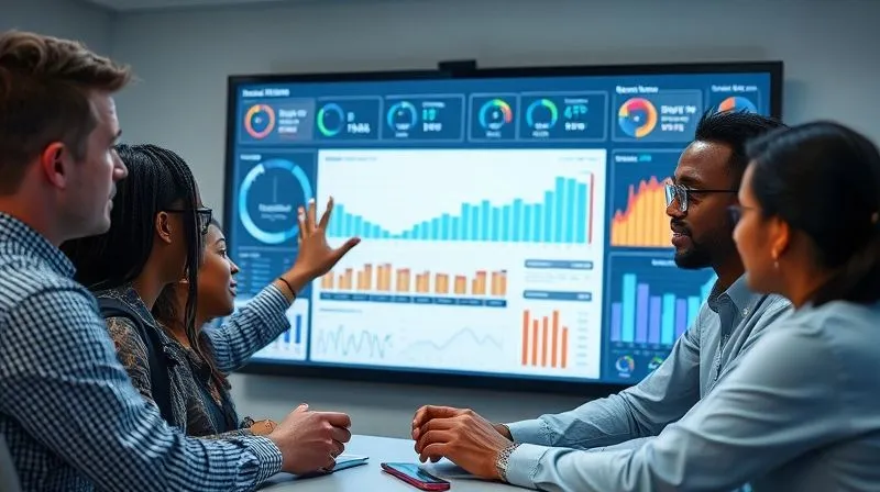 A photorealistic image of a diverse team collaborating around a digital dashboard displaying real-time feedback metrics and analytics, charts, and graphs. One person points at a positive trend line. Cinematic lighting, sharp focus on the dashboard, depth of field, 8K, professional photography.