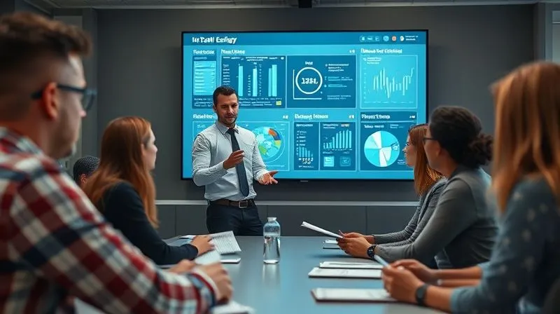A photorealistic image of a skilled employee confidently leading a team meeting, demonstrating newly acquired technical knowledge on a large screen. The team members are actively engaged and taking notes. Professional office setting, cinematic lighting, sharp focus on the presenter, depth of field, 8K, shot on a high-end DSLR.