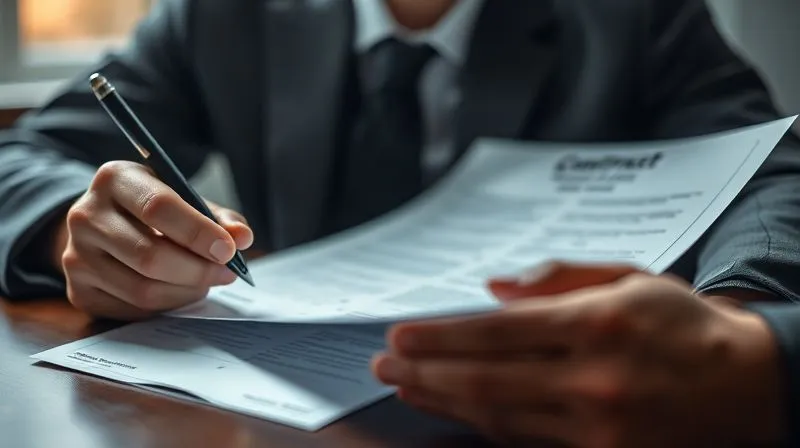 A photorealistic image of a business person looking thoughtfully at a complex contract document with a pen in hand, representing ethical considerations and decisions. The lighting is contemplative, sharp focus on the document, depth of field, 8K, professional photography.
