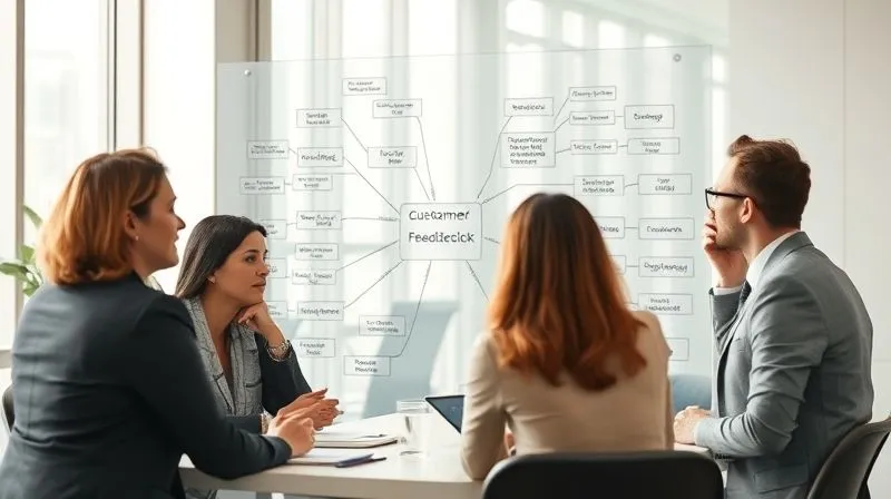 A photorealistic image of a diverse group of business professionals in a modern, sunlit meeting room, engaged in a discussion, with a large transparent whiteboard displaying an intricate mind map of customer feedback categories and action points. Cinematic lighting, sharp focus on the whiteboard and the thoughtful expressions, depth of field blurring the background, 8K hyper-detailed, professional photography. A photorealistic image of a diverse group of business professionals in a modern, sunlit meeting room, engaged in a discussion, with a large transparent whiteboard displaying an intricate mind map of customer feedback categories and action points. Cinematic lighting, sharp focus on the whiteboard and the thoughtful expressions, depth of field blurring the background, 8K hyper-detailed, professional photography.