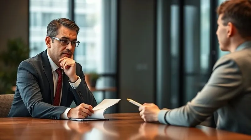 A photorealistic image of a thoughtful business professional sitting across a table from another person, engaged in a serious but respectful conversation, with a notepad and pen in hand, suggesting an exit interview. The setting is a modern, quiet office space. Cinematic lighting, sharp focus on the expressions, depth of field blurring the background, 8K hyper-detailed, professional photography. A photorealistic image of a thoughtful business professional sitting across a table from another person, engaged in a serious but respectful conversation, with a notepad and pen in hand, suggesting an exit interview. The setting is a modern, quiet office space. Cinematic lighting, sharp focus on the expressions, depth of field blurring the background, 8K hyper-detailed, professional photography.