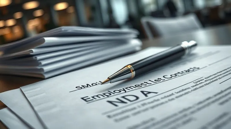 A photorealistic close-up of a stack of legal documents with a pen resting on a signature line, representing employment contracts and NDAs, dramatic lighting highlighting the text, 8K hyper-detailed, professional photography, depth of field blurring a corporate office in the background.