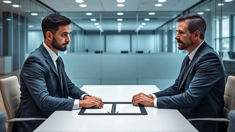 A photorealistic, professional photography, 8K, cinematic lighting, sharp focus, depth of field, shot on a high-end DSLR, of two business professionals in a modern, glass-walled office, one seated across a table from the other, with a serious but calm expression, a tablet displaying legal documents between them, symbolizing a structured exit interview and the transfer of responsibilities.