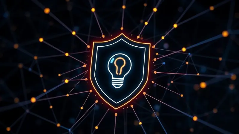 A photorealistic, professional photography, 8K, cinematic lighting, sharp focus, depth of field, shot on a high-end DSLR, of a dynamic, interconnected network of glowing digital lines and nodes, forming a protective shield around a central, abstract innovation symbol, against a dark, evolving background, symbolizing continuous adaptation of security measures against new threats.