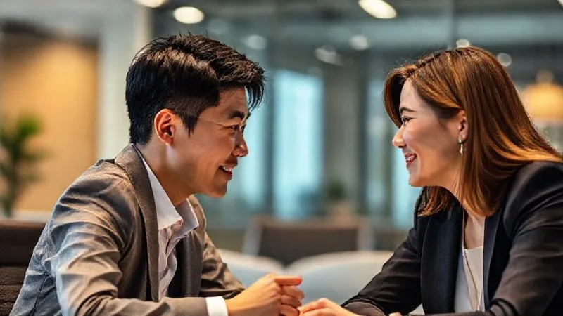 A photorealistic image of two business professionals, one from an Asian background and one from a Western background, leaning slightly forward, making eye contact, and genuinely listening to each other in a modern meeting room. Their expressions show understanding and empathy. Professional photography, 8K, cinematic lighting, sharp focus on their faces, depth of field blurring the background, shot on a high-end DSLR.