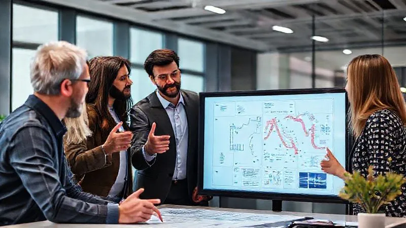 A photorealistic image of a diverse business team intently reviewing a complex project plan on a large screen, with one team member pointing to a specific section while others nod in understanding. The setting is a modern, collaborative workspace. Professional photography, 8K, cinematic lighting, sharp focus on the team and screen, depth of field blurring the background, shot on a high-end DSLR.