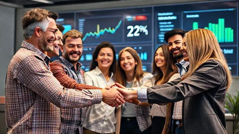 A photorealistic image of a vibrant, multi-cultural team celebrating a successful project, shaking hands and smiling, with a digital dashboard showing positive metrics (e.g., 'Deal Closure Rate +25%') in the background. Professional photography, 8K, cinematic lighting, sharp focus on the team, depth of field blurring the background, shot on a high-end DSLR.