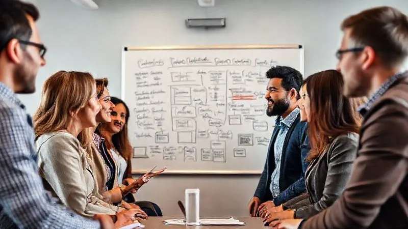 A photorealistic image of a diverse group of business professionals from different cultural backgrounds, comfortably engaged in a brainstorming session, using a whiteboard with diverse ideas. Their body language is open and relaxed, indicating trust and psychological safety. Professional photography, 8K, cinematic lighting, sharp focus on the group, depth of field blurring the background, shot on a high-end DSLR.
