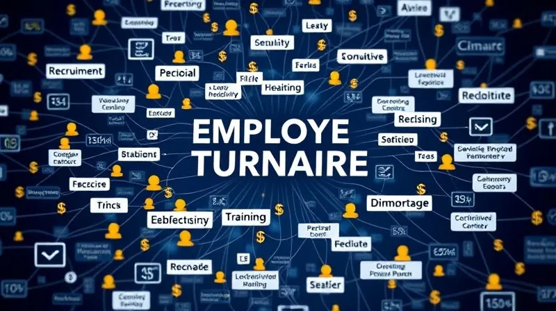 A photorealistic infographic showing a complex web of interconnected costs associated with employee turnover, including recruitment fees, lost productivity, training, and diminished morale, with monetary symbols scattered throughout. Professional photography, 8K, cinematic lighting, sharp focus, depth of field, shot on a high-end DSLR.