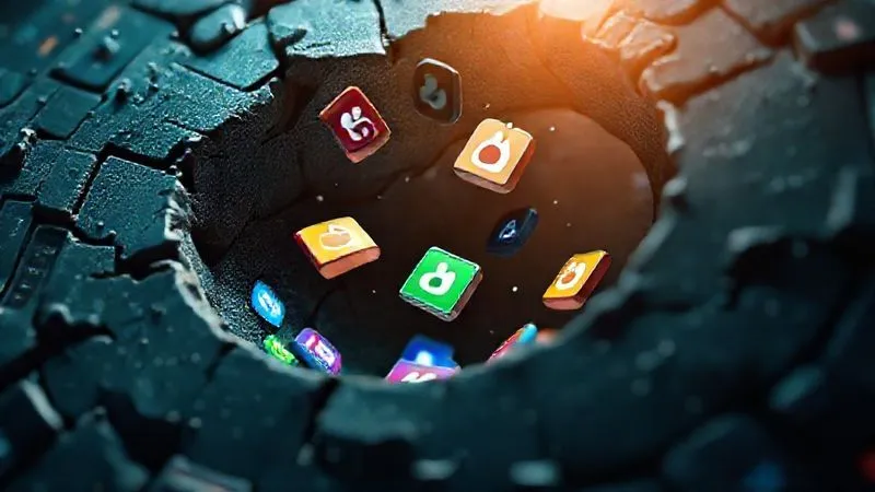 Photorealistic image of a digital sieve with mobile app icons falling through large holes, while a few icons remain, symbolizing high uninstall rates and user churn. Cinematic lighting, sharp focus on the falling icons, depth of field blurring the background, 8K hyper-detailed, professional photography, shot on a high-end DSLR.