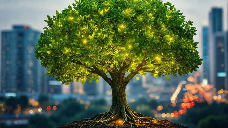 Photorealistic image of a vibrant, healthy digital tree with numerous glowing leaves, each representing a satisfied, engaged app user. The roots are deep and strong, symbolizing continuous value and a thriving user base. Cinematic lighting, sharp focus on the tree, depth of field blurring a distant urban landscape, 8K hyper-detailed, professional photography, shot on a high-end DSLR.