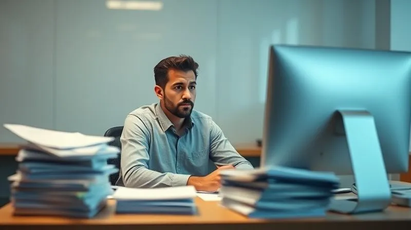 photorealistic, professional photography, 8K, cinematic lighting, sharp focus, depth of field, shot on a high-end DSLR, a frustrated new employee sitting alone at a desk, looking at a blank computer screen, surrounded by stacks of unorganized papers, symbolizing lack of clear guidance and support, a worried expression on their face, office environment.