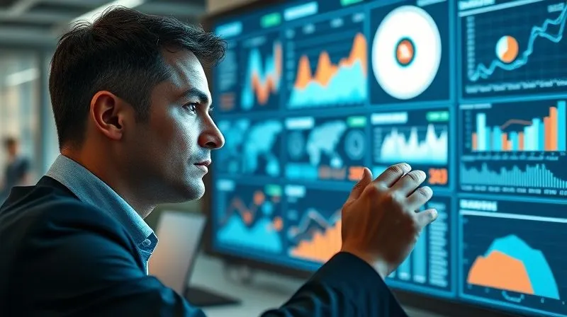 photorealistic, professional photography, 8K, cinematic lighting, sharp focus, depth of field, shot on a high-end DSLR, an HR professional looking intently at a glowing data dashboard displaying complex charts and graphs related to employee retention and onboarding metrics, symbolizing data-driven decision-making, in a modern office setting.