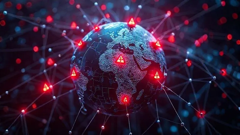 Photorealistic image of a complex digital network overlaying a globe, with red warning signals flashing at various points, representing global e-commerce fraud hotspots. Cinematic lighting, sharp focus on the warning signals, depth of field, 8K hyper-detailed, professional photography, shot on a high-end DSLR.