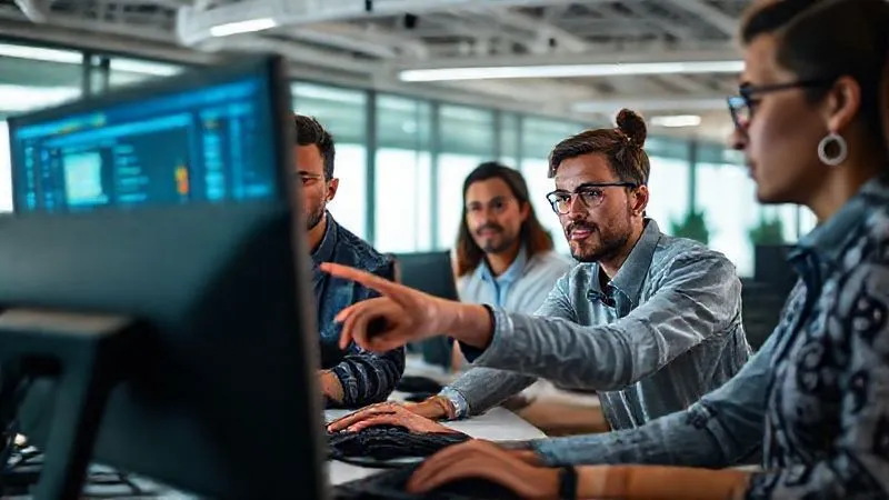 Photorealistic image of a diverse e-commerce team in a modern office, looking at computer screens with vigilant expressions, one team member pointing at a screen displaying suspicious transaction data. Professional photography, cinematic lighting, sharp focus on the team's faces, depth of field, 8K hyper-detailed, shot on a high-end DSLR.