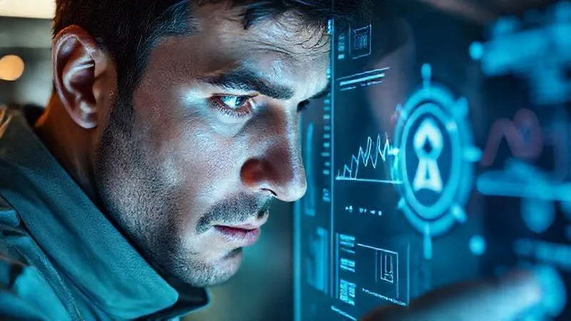 Photorealistic image of a person meticulously reviewing digital data on a transparent screen, overlaid with graphs and security icons. The person's face shows deep concentration, in a secure, futuristic environment. Cinematic lighting, sharp focus on the data and face, depth of field, 8K hyper-detailed, professional photography, shot on a high-end DSLR.