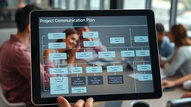 photorealistic, professional photography, 8K, cinematic lighting, sharp focus, depth of field, shot on a high-end DSLR. A detailed project communication plan flowchart displayed on a digital tablet, with various communication channels (email, meetings, software) and frequencies clearly mapped out. In the background, a diverse team is collaborating around a conference table, actively engaged in discussion. The visual emphasizes structured communication and teamwork.