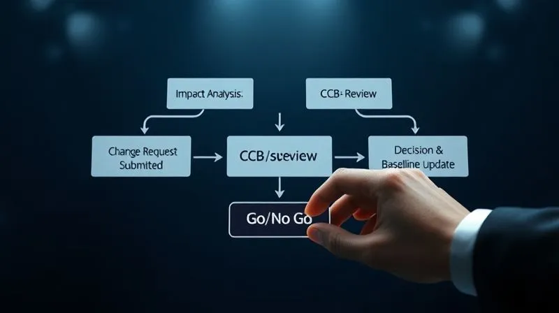 photorealistic, professional photography, 8K, cinematic lighting, sharp focus, depth of field, shot on a high-end DSLR. A stylized, modern flowchart illustrating a change control process. Arrows clearly show steps from 'Change Request Submitted' to 'Impact Analysis' to 'CCB Review' to 'Decision & Baseline Update.' The flowchart is clean and professional, with a hand hovering over a 'Go/No Go' button, emphasizing decision-making. Emotion: structured, controlled, decisive.