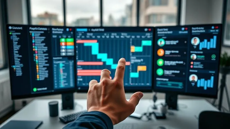photorealistic, professional photography, 8K, cinematic lighting, sharp focus, depth of field, shot on a high-end DSLR. A modern project management dashboard displayed across multiple monitors in a sleek, minimalist office. The dashboard shows Gantt charts, task lists with progress bars, and communication feeds from team members, all clearly organized. A hand is interacting with a touchscreen, highlighting the seamless integration of technology in managing project clarity. Emotion: efficiency, control, transparency.