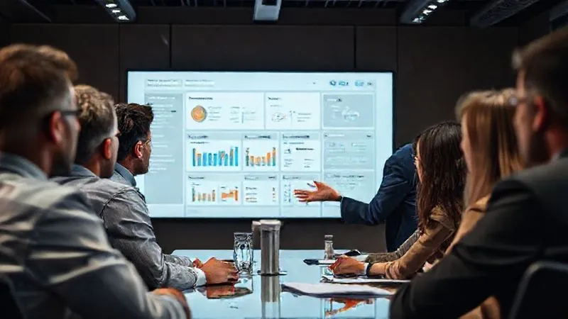 photorealistic, professional photography, 8K, cinematic lighting, sharp focus, depth of field, shot on a high-end DSLR. A diverse group of professionals in a modern conference room, intensely focused on a large digital screen displaying a project dashboard with clear metrics and a 'scope' section. One person is gesturing towards the screen, leading a discussion on progress and potential deviations. The atmosphere is collaborative yet focused on clear communication. photorealistic, professional photography, 8K, cinematic lighting, sharp focus, depth of field, shot on a high-end DSLR. A diverse group of professionals in a modern conference room, intensely focused on a large digital screen displaying a project dashboard with clear metrics and a 'scope' section. One person is gesturing towards the screen, leading a discussion on progress and potential deviations. The atmosphere is collaborative yet focused on clear communication.