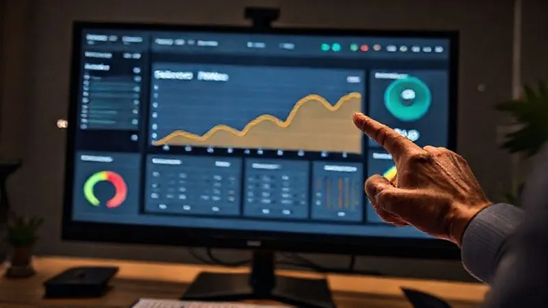photorealistic, professional photography, 8K, cinematic lighting, sharp focus, depth of field, shot on a high-end DSLR. A sophisticated digital project dashboard displayed on a large monitor, prominently featuring a 'Scope Variance' graph showing an upward trend over time, indicating scope creep. Other metrics like budget burn-rate and timeline slippage are also visible, all rendered with clean, modern UI. A project manager's hand is pointing to the scope variance, highlighting the issue. photorealistic, professional photography, 8K, cinematic lighting, sharp focus, depth of field, shot on a high-end DSLR. A sophisticated digital project dashboard displayed on a large monitor, prominently featuring a 'Scope Variance' graph showing an upward trend over time, indicating scope creep. Other metrics like budget burn-rate and timeline slippage are also visible, all rendered with clean, modern UI. A project manager's hand is pointing to the scope variance, highlighting the issue.