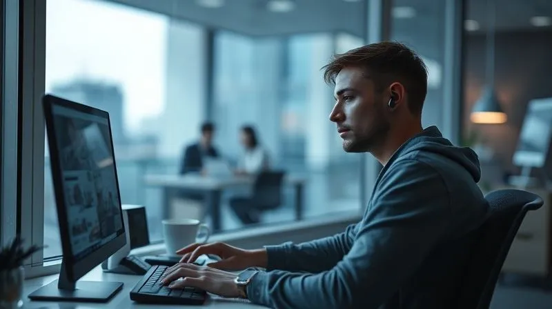 A photorealistic image depicting a single person working remotely at a desk, looking out of a window with a melancholic expression, while in the background, a blurred image of a bustling team collaboration is visible. The scene is lit with cool, desaturated tones, sharp focus on the remote worker, depth of field, 8K, professional photography, cinematic lighting, shot on a high-end DSLR. A photorealistic image depicting a single person working remotely at a desk, looking out of a window with a melancholic expression, while in the background, a blurred image of a bustling team collaboration is visible. The scene is lit with cool, desaturated tones, sharp focus on the remote worker, depth of field, 8K, professional photography, cinematic lighting, shot on a high-end DSLR.