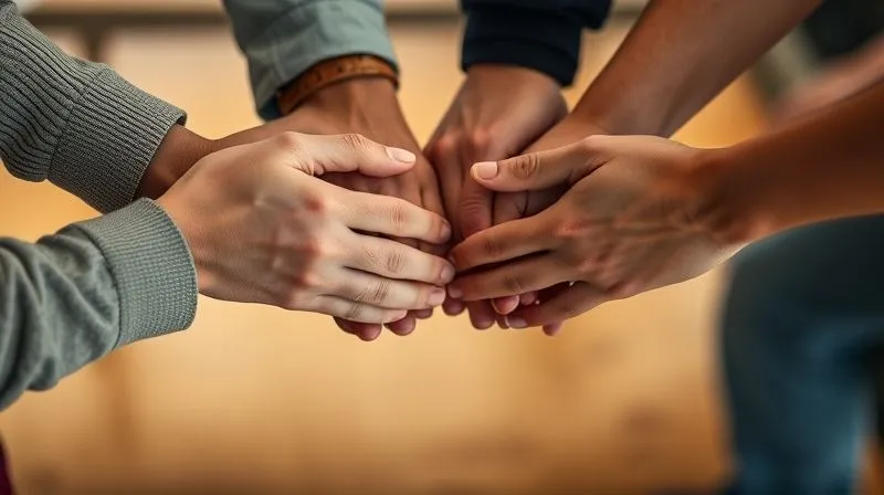 A close-up, photorealistic shot of diverse hands (representing different team members) gently interlocking fingers to form a sturdy, abstract bridge. The background is softly blurred, showing a warm, collaborative glow. Professional photography, 8K, cinematic lighting, sharp focus on the interlocking hands, depth of field, shot on a high-end DSLR, symbolizing trust and psychological safety. A close-up, photorealistic shot of diverse hands (representing different team members) gently interlocking fingers to form a sturdy, abstract bridge. The background is softly blurred, showing a warm, collaborative glow. Professional photography, 8K, cinematic lighting, sharp focus on the interlocking hands, depth of field, shot on a high-end DSLR, symbolizing trust and psychological safety.